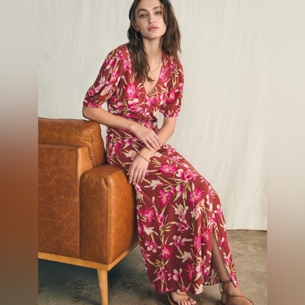 Faherty Pink Majorca Floral Puff Sleeve Button Down Sorrento Maxi Dress